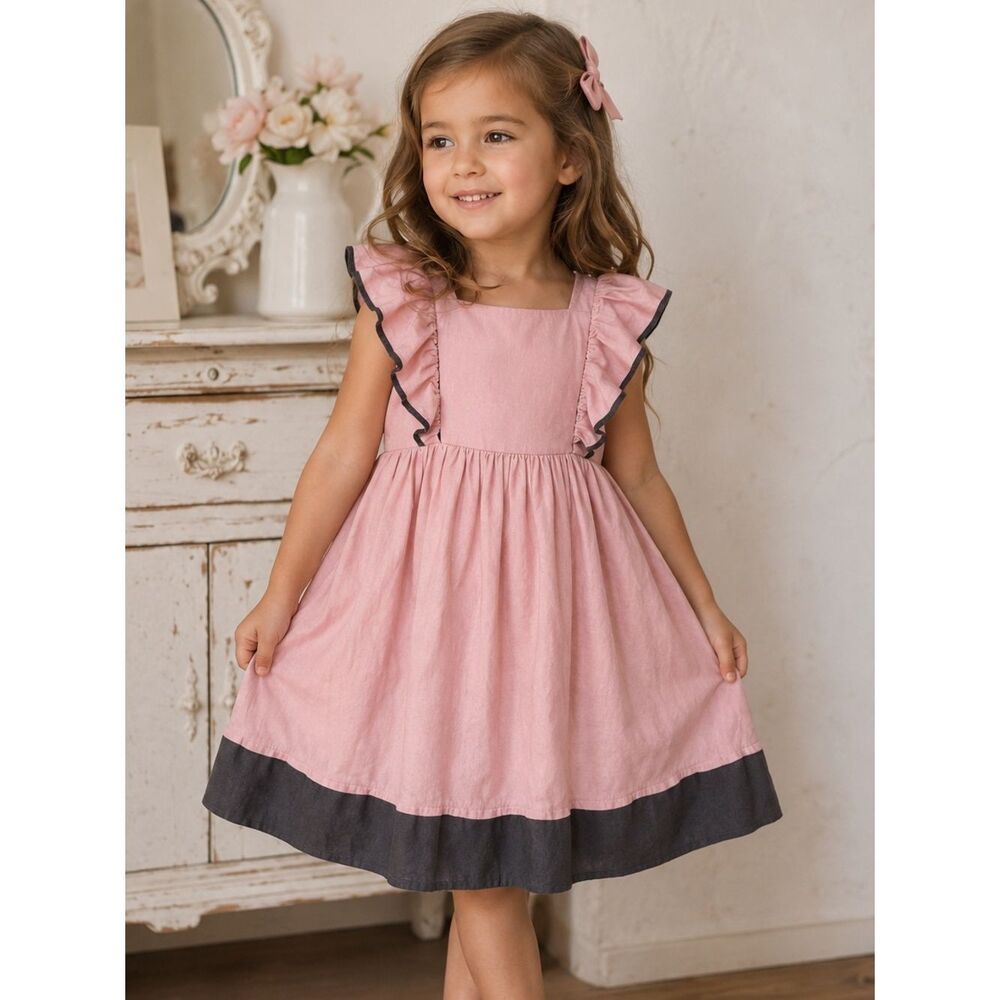Kelly’s Kids Pink Grey Linen Rayon Ruffle Dress Sz 7-8 Shabby Chic Girly Preppy
